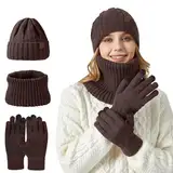 WKAYsIV Blaue Handschuhe Herren Set, Unisex, großer, geeignet für verdickte Winter-Schneeflocken-warme Mütze Set Mütze Schal Handschuhe Herren(Kaffee,Einheitsgröße)