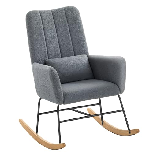 SONGMICS HOME Schaukelstuhl, mit Armlehnen, Relaxsessel, mit Fleece bezogen, Stahlgestell, Füße aus Kautschukholz, bis 136 kg belastbar, für Schlafzimmer, Wohnzimmer, schiefergrau LYY500G01