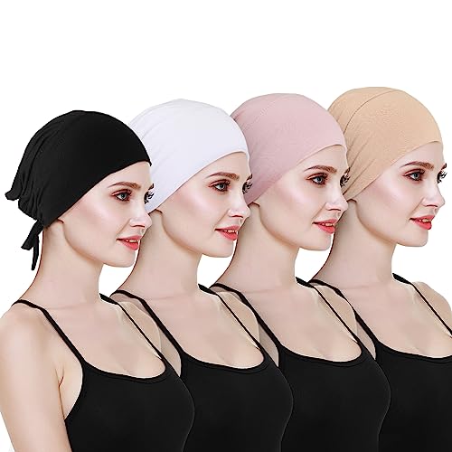 4 Stück Islamische Muslimische Ultraschall Hijab Cap mit Tie Back Closure Solid Color Unter Schal Hijab Mütze (Weiß, Khaki, Hellrosa, Schwarz)