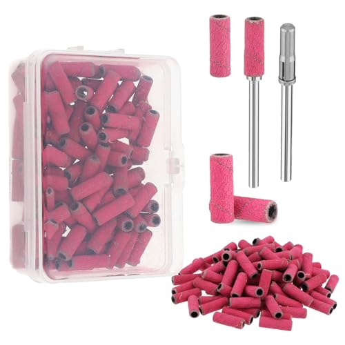 Schleifhülsen - 100 Stück Kleine Schleifbänder für Nagelbohrer, Abeillo Mini Schleifkappen mit 3,1 mm Dornbohrern, Nagelfeilen Schleifbänder mit 180# Grit für Nagellack, Maniküre, Pediküre