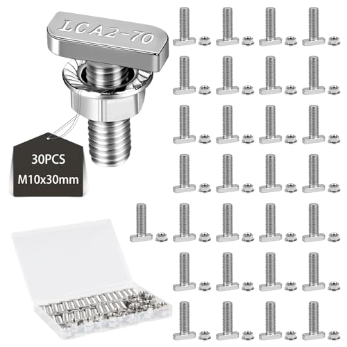 EXLECO 30 x Hammerkopfschrauben M10x30mm Edelstahl Hammerkopf Schrauben T Nut Bolzen mit Kunststoffbox Edelstahlschraube Befestigung mit Flanschmuttern für T Nut Schiene Gewächshaus Profilschienen