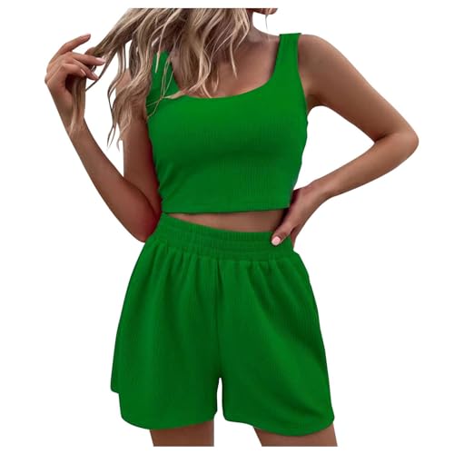 Zweiteilige Outfits für Damen, Sommer-Shorts-Sets, 2-teiliges ärmelloses passendes Crop-Top Shorts mit hoher Taille für Damen Schlafanzug Set Damen Hausanzug Damen Sommer Hausanzug Damen (GN1, XL)