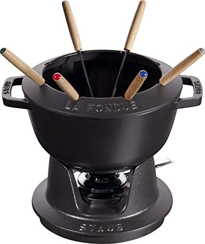 STAUB Fondue Set mit 6 Gabeln, Gusseisen, 20 cm, 2,3 l, Geeignet für Käse- Schoko- und Fleisch-Fondue, Schwarz