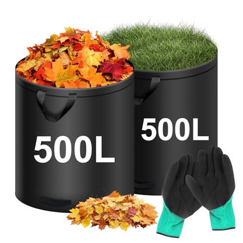 2X 500L Gartenabfallsack, Wiederverwendbare Gartensäcke mit Griffen, Selbststehend, Wasserdicht, Gartensack, Laubsäcke Faltbar inkl.Handschuhe, Laubsäcke Groß Stabil,für Gartenabfälle und Grünschnitt