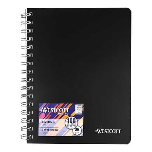 Westcott Spiralblock Notizbuch A5 kariert | 200 Seiten Ringbuch A5 perforiert mit Premium 80 g/m² Papier | Notizblock mit Spiralbindung | Collegeblock im stabilen Kunststoffcover | E-730891 00