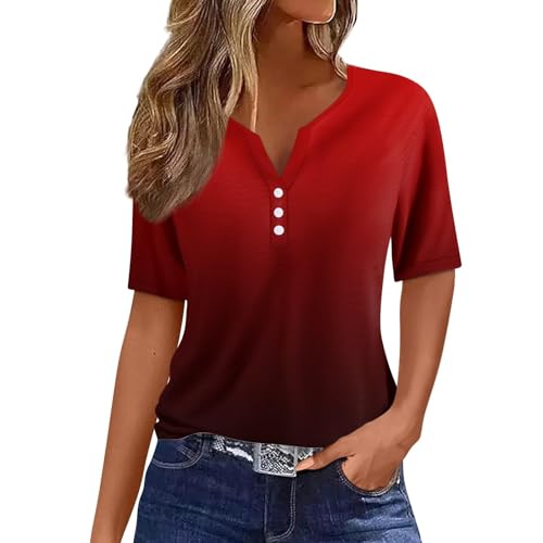 Qixiu Damen Tshirt,Sport Tshirt Damen,Bedruckte Bluse Elegant T Shirts Frauen Schwarz V Ausschnitt Tops Kurzarm Rundhals Sport Oberteile Mit Locker Button Blusen