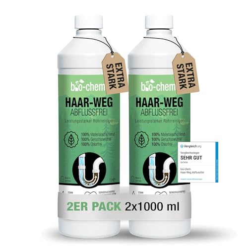 bio-chem Haar-Weg Abflussfrei – Abflussreiniger EXTRA STARK – 2x 1000 ML - Bis zu 10 Anwendungen je Flasche Rohrreiniger – Extrem effektiv & materialschonend gegen Verstopfungen & Haare - Made in DE