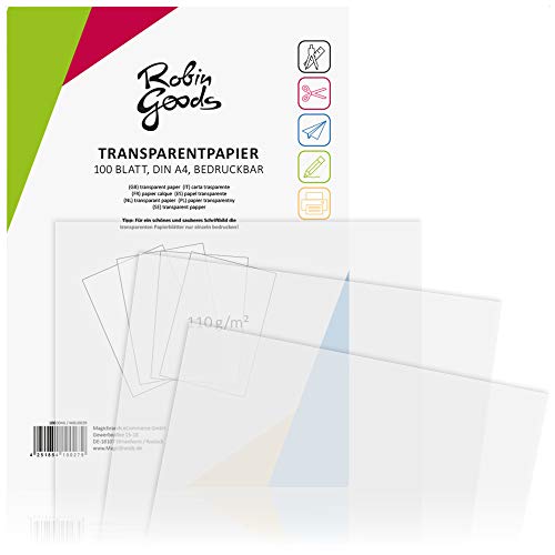 Robin Goods® 100 Blatt Premium Transparentpapier DIN A4, 110g/m², Super Qualität, bedruckbar, Bastelpapier, Pauspapier, Pergamentpapier, Architektenpapier (100 Blatt - transparent)