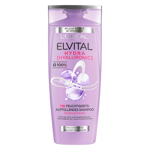 L'Oréal Paris Elvital Hydra Hyaluronic feuchtigkeitsspendendes Shampoo für glänzendes Haar, Hyaluron Shampoo für einen Feuchtigkeitsboost, Glanz & Schutz, langanhaltende Feuchtigkeit und Pflege, 300ml