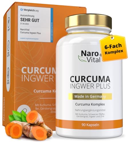 Kurkuma Ingwer Kapseln hochdosiert - Mit Curcuma Extrakt, Gerstengras, Kurkuma Pulver, Ingwer, Piperin, Curcumin - 90 vegane Kapseln - Alternative zu Tabletten