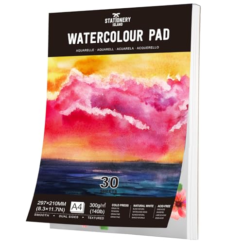 Stationery Island Aquarellpapier A4 300g, 30 Blatt Aquarellblock A4, Aquarell Papier für Wasserfarben, Aquarell Skizzenbuch, Watercolor Paper für Studenten,Anfänger, Skizzenbuch Aquarell