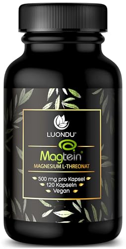 Magtein® Magnesium Threonate Kapseln 2000mg täglich - 120 Kapseln hochdosiert & vegan - Magtein® Magnesium L-Threonat ohne Zusatzstoffe, laborgeprüft - Hergestellt in DE Luondu®