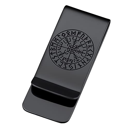 FaithHeart Schwarz Geldscheinklammer für Herren Männer Wikinger Vegvisir Geldspange mit Rune 22mm breit Money Clip für Papa Freunden