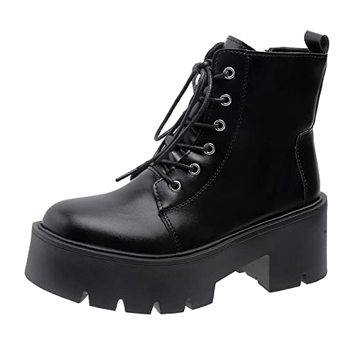 Warm und bequem Winter 2023 Y26K Damen Stiefel Herbst und Winter Dicke Sohle Mittelabsatz Zehe Volltonfarbe Schnürung Komfortable Hohe Elastische Stiefel, Schwarz , 40 EU