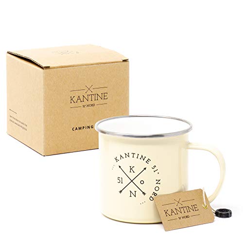 Kantine 51° Nord ® Camping Tasse 450ml | Bruchsichere Emaille Kaffeetasse mit Edelstahl Rand I Kaffeebecher für Outdoor I Emaille Tasse