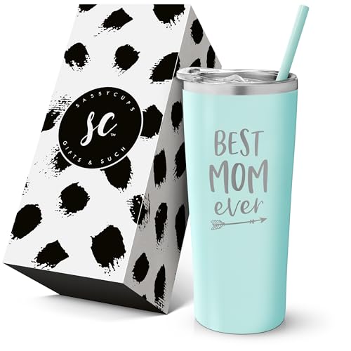 SassyCups Best Mom Ever Tumbler | 22 Ounce Engraved Mint Stainless Steel Tumbler with Lid and Straw | New Mom | Mom Tumbler | for Mom | Mom to Be | Mom Birthday | for Mom Bday