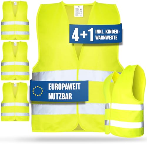 HELDENWERK Auto Warnweste 2024 Europaweit einsetzbar - Reflektierende Warnwesten inkl. Kinderweste (4 Stück + 1) - Sicherheitsweste, Pannenweste