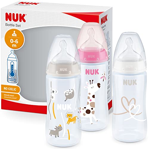 NUK First Choice+ Babyflasche im Set | 0–6 Monate | Temperature Control Anzeige | 300 ml | Anti-Colic-Ventil | BPA-frei | Trinksauger aus Silikon | 3 Stück | rosa Giraffe