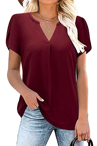 Siddhe Damen Kurzarm Bluse Baumwolle Damen Blusen Elegant Festlich Hemdshirt Sommer Longbluse Business Blusenshirt Kasual V-Ausschnitt Office Party Tunika Shirt, Weinrot M