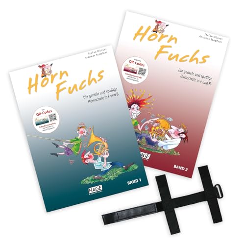 HornFuchs 1 und 2 (Starterset) mit QR Codes - Horn Fuchs Band 1 und Band 2 - Spiralbindung (ISBN 9783866262805, 9783866263390) + Soundman Handschlaufe für Waldhorn Kinderhorn