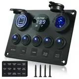 MICTUNING 5-polige Kippschalter Panel mit LED-Licht 12V/24V 4.2A Schalter Panel mit Dual-USB-Ladegerät Digital Voltmeter Zigarettenanzünder-Buchse für Wohnmobil KFZ Boot