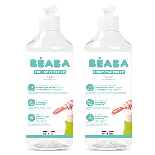 BÉABA, Geschirrspülmittel für Babyflaschen und Esszubehör, 100% natürlichen Ursprungs, Parfümfrei, 100% biologisch abbaubar, Packung mit 2x500 ml