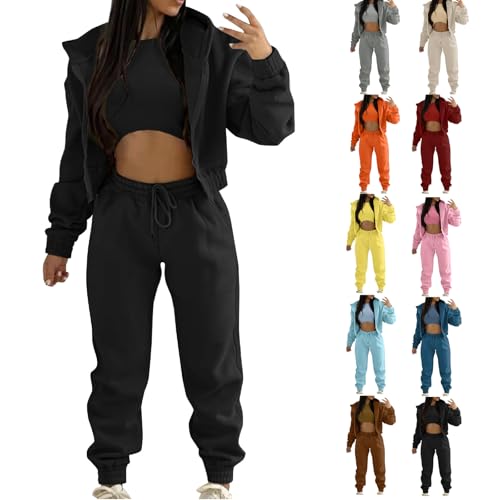 RYTEJFES 3 Stücke Damen Jogginganzug Trainingsanzug Damen Y2K Langarm Kapuzenjacke + Crop Top + Jogginghose Mit Taschen Baggy Elegant Sportanzüge Yoga Outfit Freizeitanzug Trainingsanzüge Tracksuit