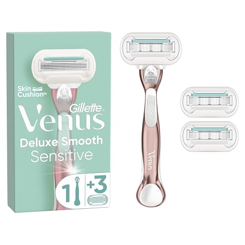 Gillette Venus Deluxe Smooth Sensitive Rosegold Rasierer Damen, Damenrasierer + 3 Rasierklingen mit 5-fach Klingen, mit diamantharter Beschichtung, Valentinstag Geschenk für Sie