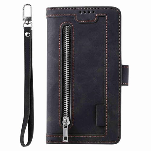 Hülle für iPhone 15 Pro,Reißverschluss Vintage PU Leder Flip Wallet Case mit 9 Kartenfächer Standfunktion Geldbörse Silikon Bumper Handytasche Schutzhülle Schwarz