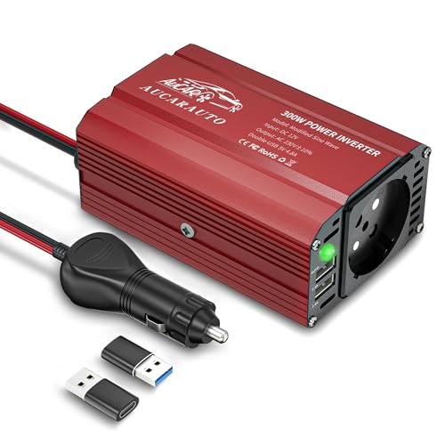 300W Spannungswandler DC 12V zu AC 230V Stromumwandler, AUCARAUTO Modifizierter Sinus Wechselrichter Auto Konverter mit 2 USB-Anschlüssen zum Laden von Laptop, IPad, Konsolen und Mehr - Rot