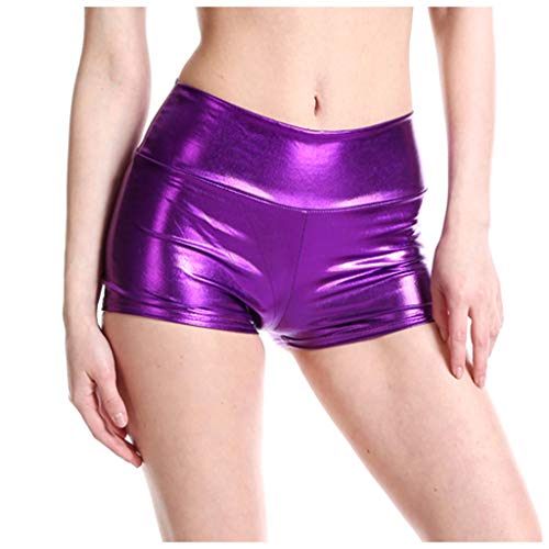 Glänzende metallische Booty-Shorts Damen Eng Ledershorts Pu Hotpants Sexy Kurze Hose Hot Pants Party Disco Kostüm Glänzende Shorts Metallic Hotpants Sexy Kostüme Frauen hohe Taille (11-Purple, M)