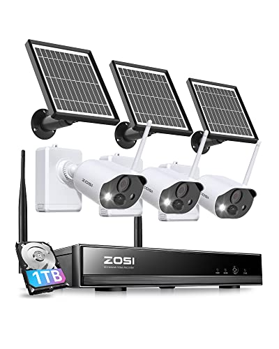 ZOSI 3MP Drahtlos Überwachungskamera Set mit Solarpanel, 3X WLAN Aussen Batteriekamera Set mit 8CH 1TB NVR, PIR-Bewegungsmelder, 2-Wege-Audio, Ton- und Lichtalarm, Farbige Nachtsicht, C306 Pro