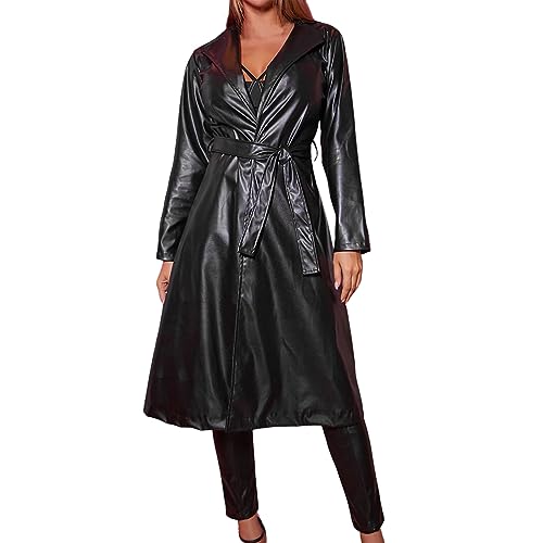 Damen Kunstledermantel Reverskragen Steampunksill PU Mantel Trenchcoat aÜs Kunstleder Damen Ledermantel Übergangsjacke Einfarbige Windjacke aÜs Kunstleder Winterjacke Langarm LederCardigan (Black, S)