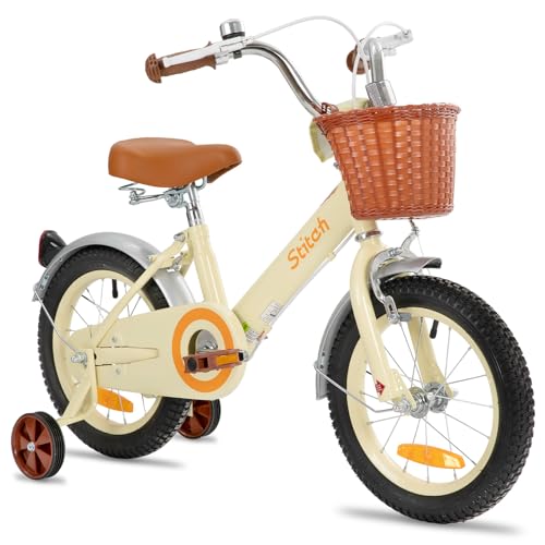 STITCH 14 Zoll Kinderfahrrad für 3 4 5 Jahre Mädchen, Kinderfahrrad mit Vorderkorb & Stützrädern für 3-5 Jahre Kinder,Beige