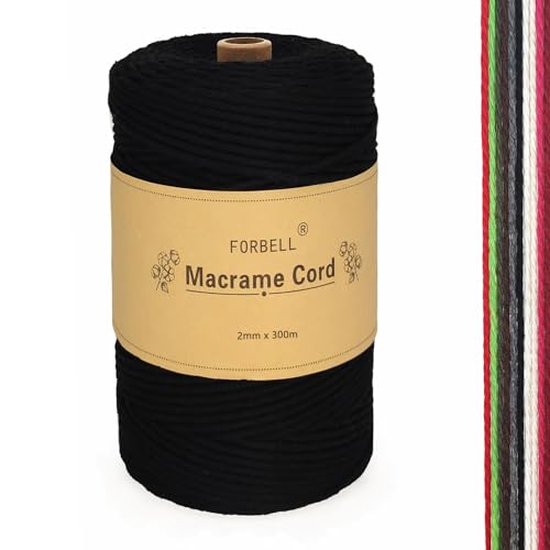 FORBELL Makramee Garn, 2mm x 300m Premium Baumwollgarn, DIY Handwerk (Schwarz, 2 mm x 300 M)