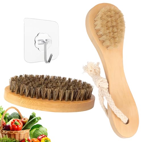 JAONLD Kartoffelbürste 2 Stück Gemüsebürste Holz Naturborsten Pilzbürste Champignonbürste Weiche Bürste Bürste Holz Ergonomischer Griff für Reinigen von Gemüse, Obst und Küchenutensilien