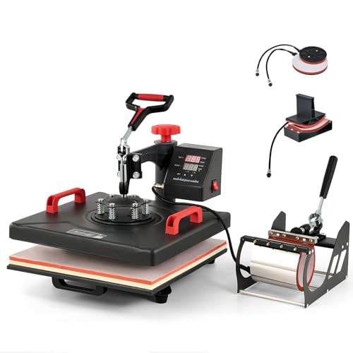 CREWORKS Hitzepresse 15"x15", 5-in-1 360-Grad-Schwenk-Shirt-Druckmaschine mit digitaler Steuerung, 38x38cm Transferpresse mit Zwei Heizrohren für Tassen, Hüte, Platten und Kappen