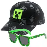 2 Pcs Cartoon Design Baseballmütze,Hut Für Kinder Cap Gläser Verstellbare Sonnenmütze, Miner Outdoor Sports Casual Baseballmütze,Schwarz Und Pixelig Grün Grid Zubehör Cap für Jungen Mädchen Teenage