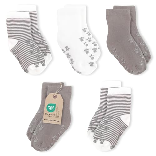 LaLoona Baby Socken Set Anti Rutsch - 5 Paar rutschfeste ABS Babysocken, hautfreundlich dank ÖKOTEX Standard 100 und hohem Baumwolle Anteil - Grau - Größe 19/20