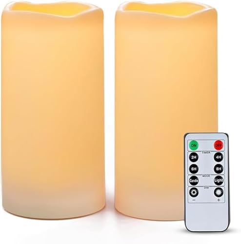 AMAGIC 7,6 cm x 15 cm Outdoor Wasserdicht Flammenlose Kerzen, Batteriebetriebene LED Stumpenkerzen mit Fernbedienung und Timer, Elfenbein, Kunststoff, 2er-Set