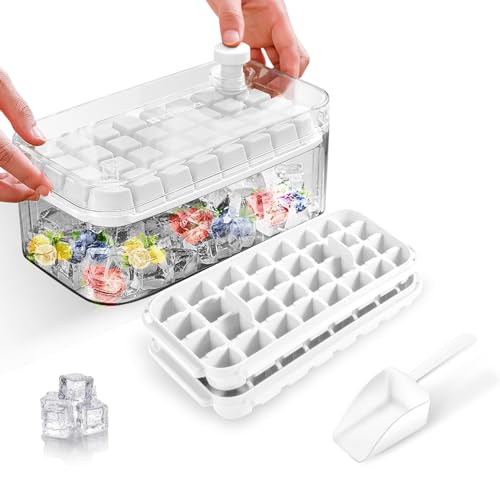 Eiswürfelform mit Deckel und Behälter, Eiswürfelbehälter mit 64 Stück Eiswürfel, einfaches Drücken, um das Eis zu lösen, Kühlen von Whiskey, Cocktail, Kaffee, 2 Schalen, 1 Eiskübel und Schaufel
