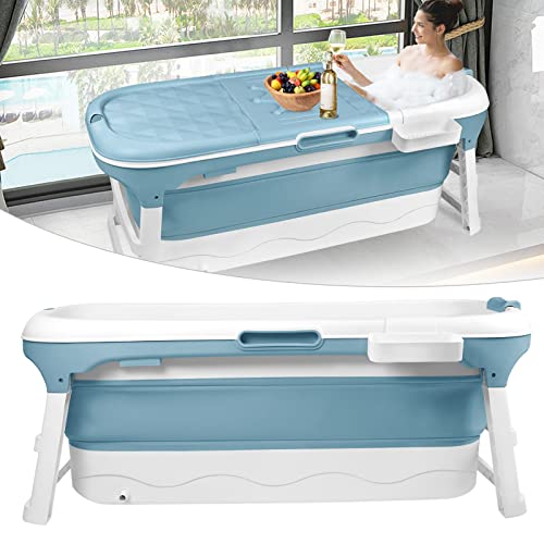 HENGMEI Faltbare Badewanne Erwachsene XXL Mobile Tragbare Badewanne Mit Abdeckung Massagerollen und Badewannenablage, Blau (148 x 62 x 53 cm)