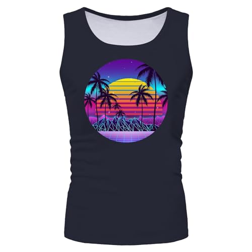 Modisches Sommer-Tanktop für Herren, elektronisches Sci-Fi-Wellen-Sonnenuntergang-Kokosnuss-Druck, ärmelloses Freizeit-Top Unterhemd Männer Hautfarben Ärmelloses T-Shirt für Herren T-Shirt (Navy, XXL)