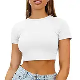 Pullover Damen Rundhals Einfarbig Kurze Ärmel Freigelegt Damen Basic Kurzarm Crop Top Casual Y2K Rundhalsausschnitt Tops Slim Fit Tshirts Sweatshirt Damen Bequeme Sexy Eng Grundlegend T-Shirt