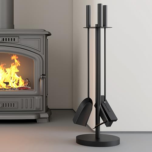 Kingson Kaminwerkzeug-Set mit Bürste, Schaufel und Schürhaken, Durchmesser 17,5 x 59,5 cm, langlebiges Holzbrenner-Zubehör und Kaminbegleiter-Set, Schwarz