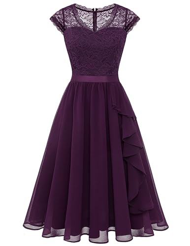 Wedtrend Abendkleid Hochzeit Cocktailkleid Knielang Elegant Kleid a Linie Knielang Kleid Rüschen WT0212 Grape S