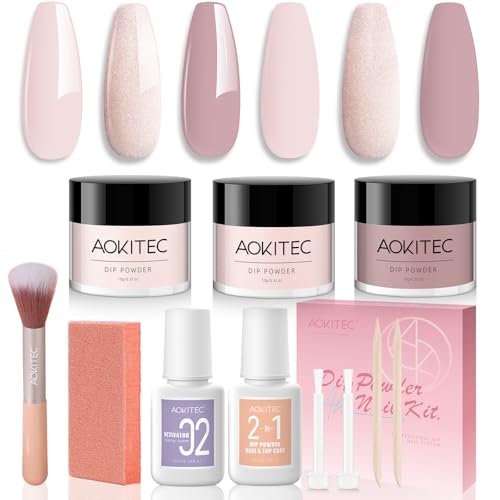 Aokitec 11-teiliges Dipping Powder Nails Set Starter Kit, 3 Farben Helles Nude Rosa Dip Powder Nail Set mit 2-in-1 Dip Base Liquid & Top Coat Aktivator Dip Nagelset für Nails Art, Nägel Selber Machen