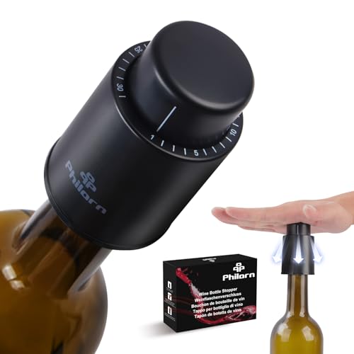 Philorn Weinflaschenverschluss, 2 Stück Vakuum Weinverschluss, Wein Verschlussstopfen, Flaschen Verschlusskappe mit Zeitskala Rekord, Wiederverwendbar Wine Stopper, Geschenke für Weinliebhaber Schwarz