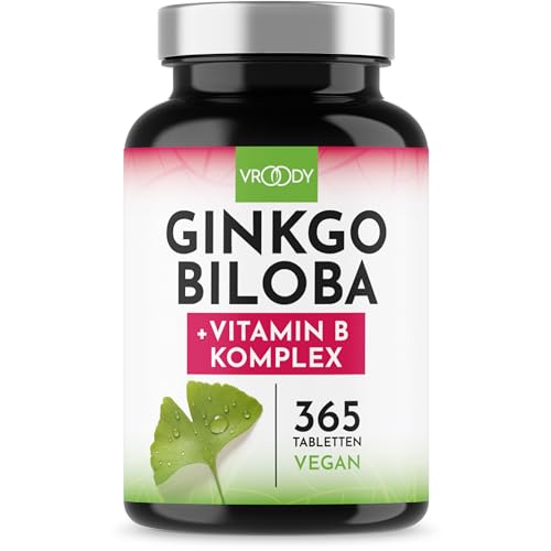 VROODY Ginkgo Biloba Extrakt hochdosiert - mit Vitamin B12 trägt zur Verringerung von Müdigkeit und Ermüdung bei - 365 kleine Tabletten die leicht einzunehmen sind