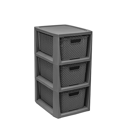 BranQ - Home essential 100% recycelt Kunststoff PP, Ökologisch, Regal in Rattan Design, Anthrazit, 3 Körben